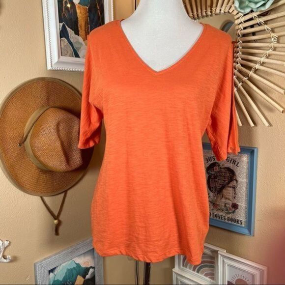 Jones New York Slub Knit V-NECK Short Sleeve Slit Orange T-Shirt Sz Small - Picture 2 of 10